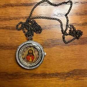 Unsigned Russian Nesting Doll Matryoshka w/ Cat Rhinestone Watch Necklace